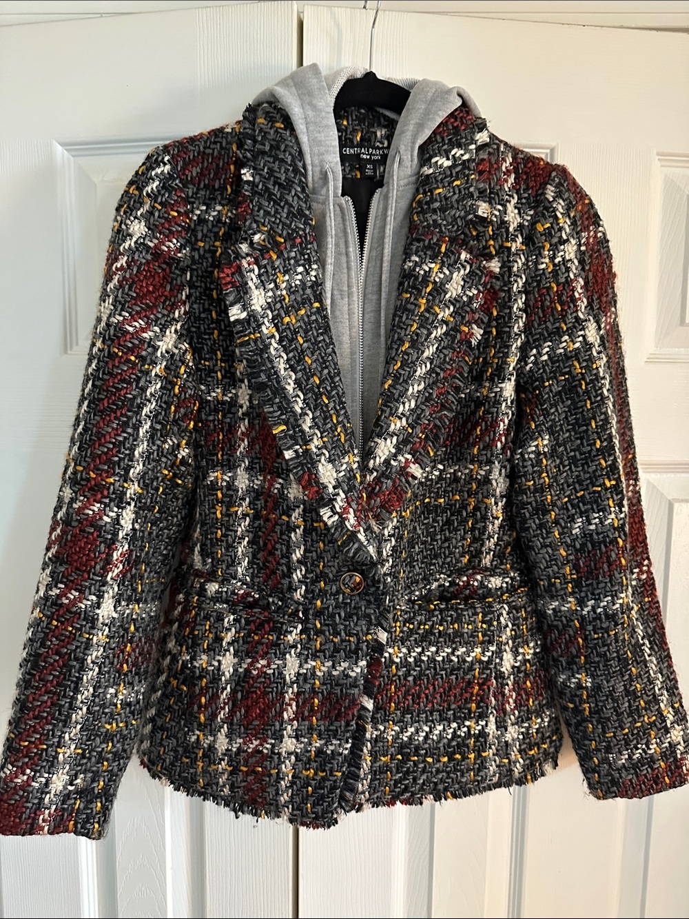 CENTRAL PARK 3-in-1 Gray Plaid Tweed Jacket with Hoodie